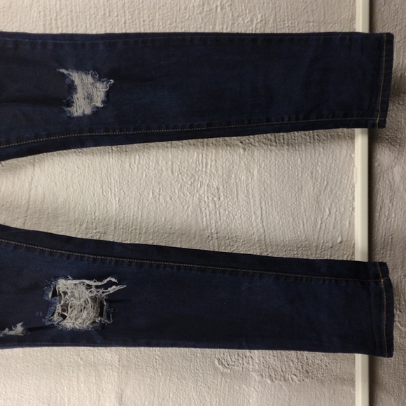 Carmar Blue Dark Wash Five Pocket Mid Rise Ripped Distressed Skinny Jeans - Picture 3 of 12